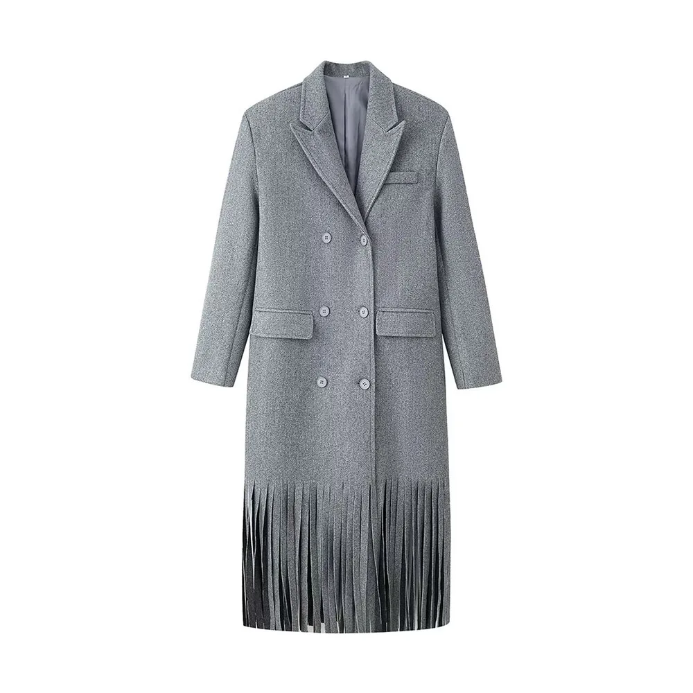 

Зимняя новая женская модная и простая двубортная шерстяная длинная куртка с кисточками и подолом