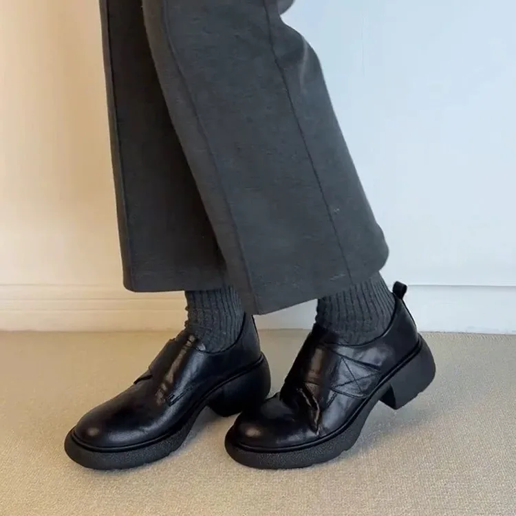 Le Fu Shoes Women's Thick soled Leather Shoes Coarse Single order Shoes Super Soft Leather One Step Stepping