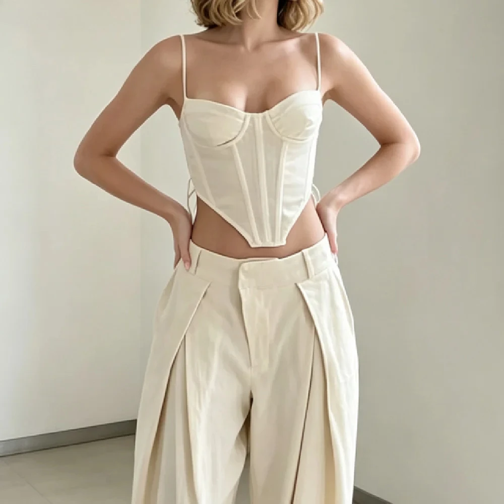 Girl's Beige Bra With Wire Chest Boning Camisole Sexy Corset Fish Bone Slim Tank Tops Bow Strap Elastic Back Bodycon Crop Top