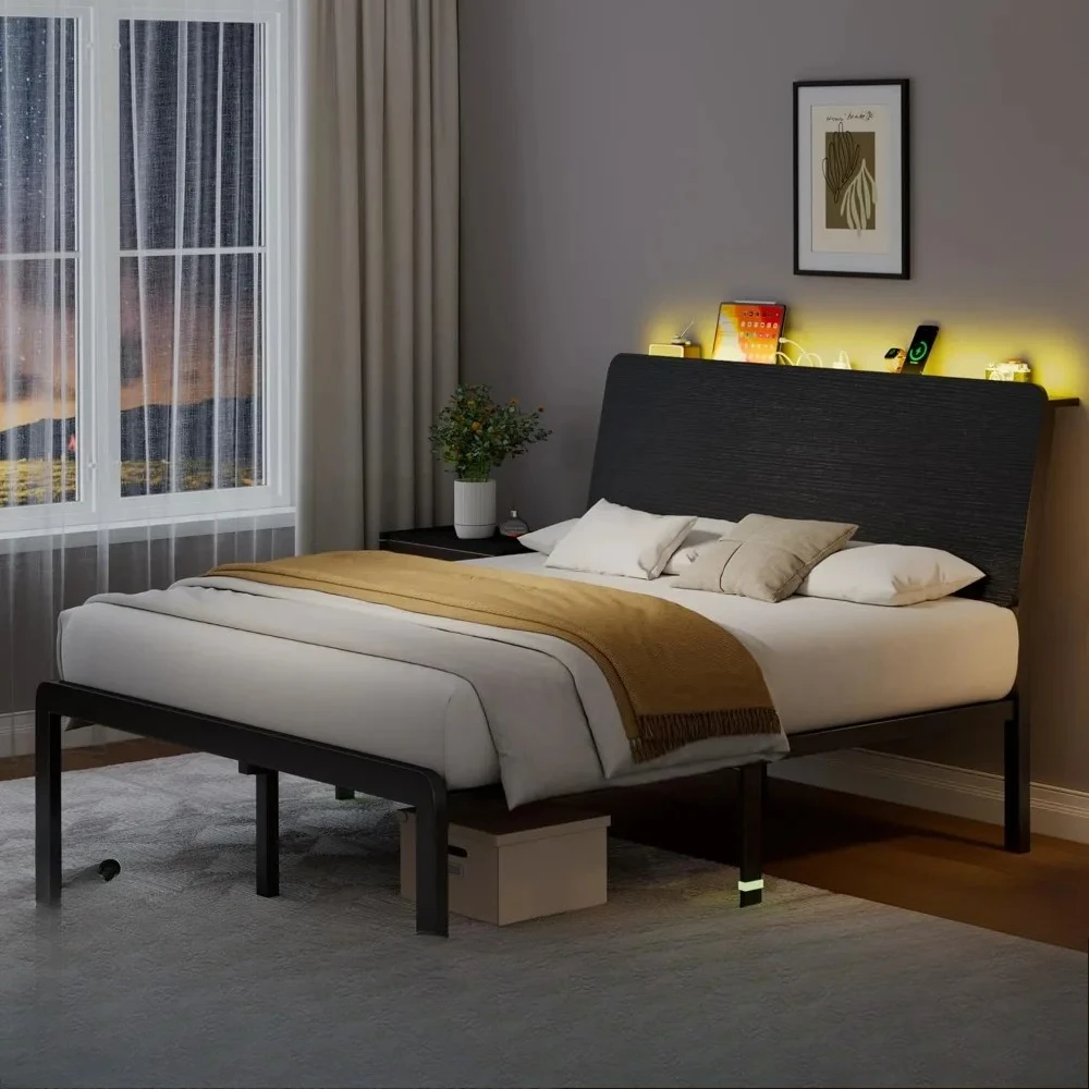 

LED Twin-Queen Size Bed Frame with Storage Headboard & Charging Station, Heavy Duty Metal Slats,Under Bed Storage, Bed Frame