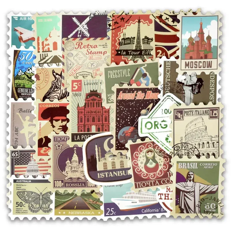 

50Pcs Vintage Postage Stamp Stickers Retro Stamp Sticker for Laptop Skin Waterproof Vinyl Stickers for Computer Luggage Phone