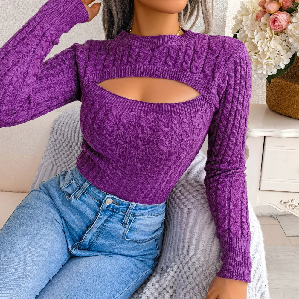 

Women's Long Sve Sweater Twist Hollow out Knitwear Street Sle round Ne Regular Sve Autumn Winter Faion