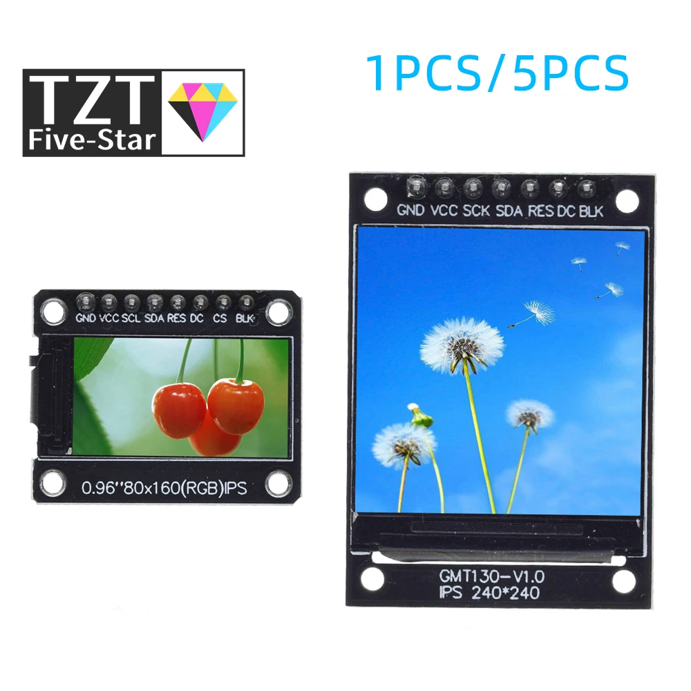 TZT 1/5PCS TFT Display 0.96 / 1.3 inch IPS 8P/7P SPI HD 65K Full Color LCD Module ST7735 Drive IC 80*160 (Not OLED) For Arduino