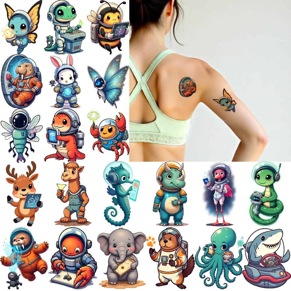 

28 шт., временные татуировки, наклейки с животными, мультяшные космические наклейки, водонепроницаемые долговечные наклейки для тела для плеч