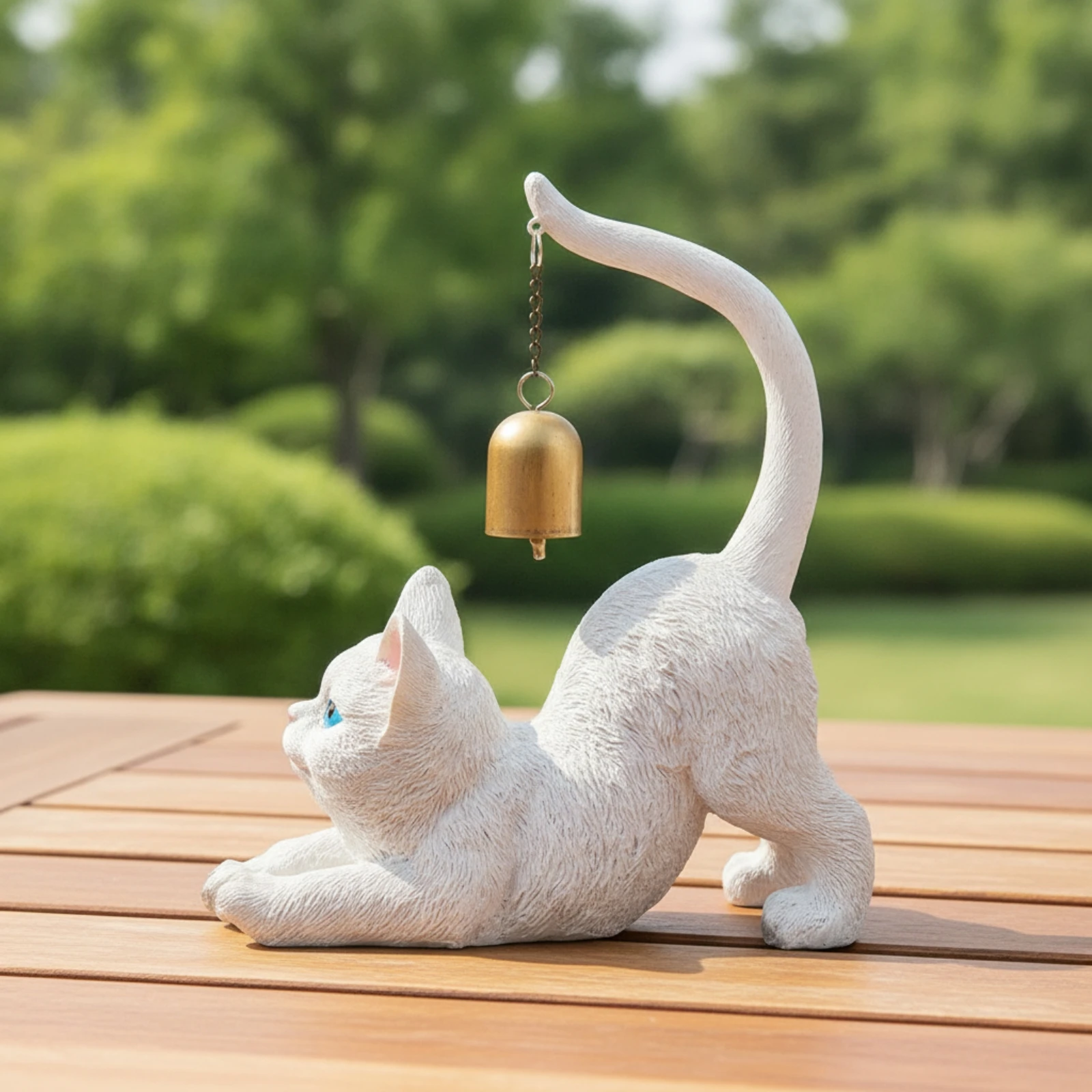 Cat Figurine with Bell Resin Cat Figurine Ornament Tabletop Decor Compact for Collectors, Shelf, Living Room