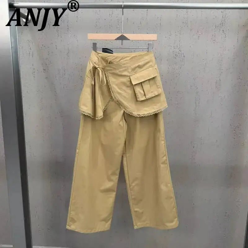 ANJY Spring Summer New Women Tide Design Fashion Shirt Extender Lace-Up Straight Pants Set Elegant Stylish Casual Bottoms A23289