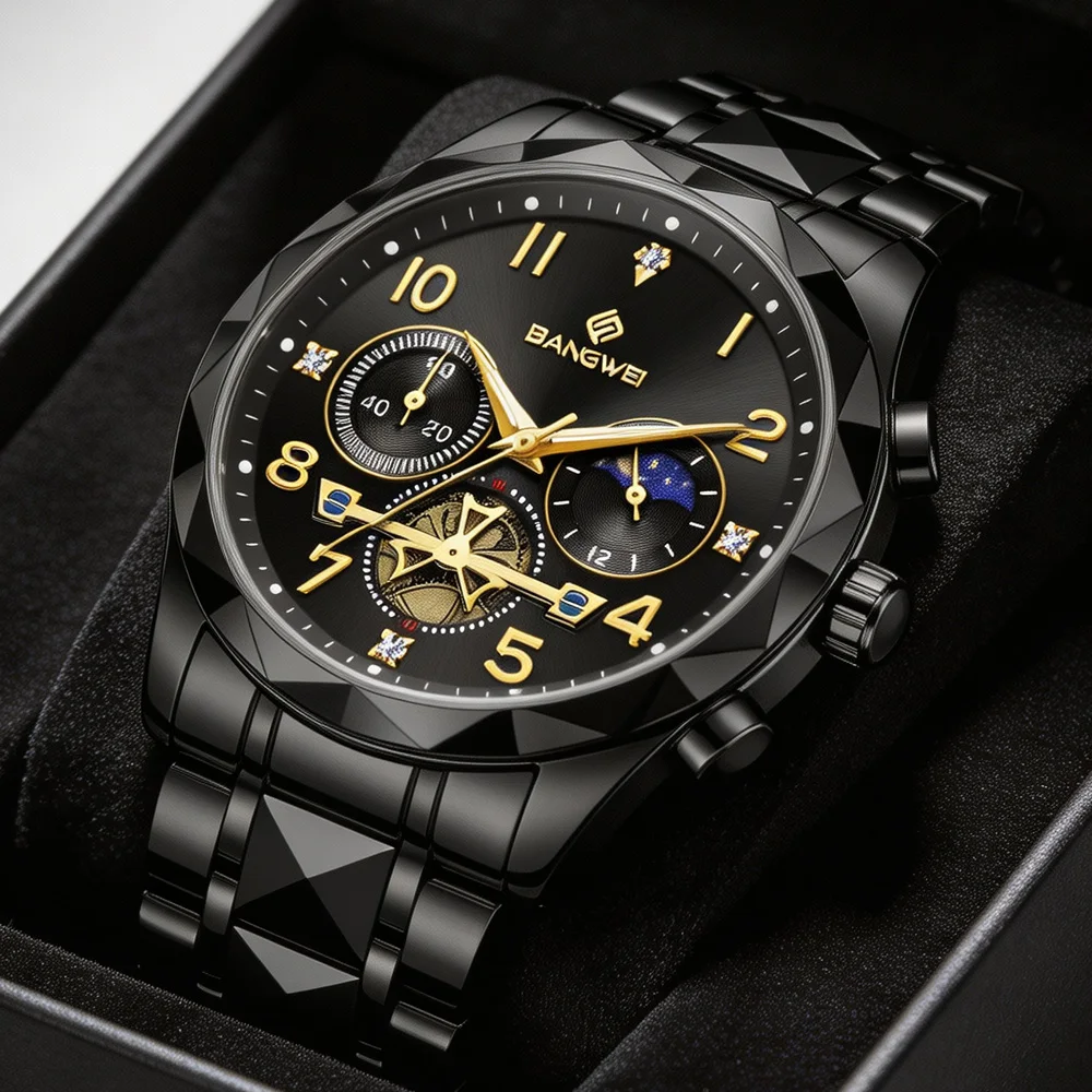 BANGWEI Men's Quartz Watches Luxury Moon Phase Date Man Watch Waterproof Luminous Chronograph Business Male Wristwatch+Box