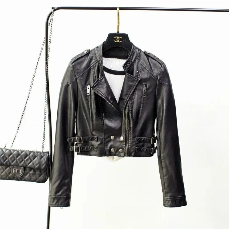 2025 Spring Womens Short Slim Fit Stand Collar Motorcycle Jacket Washed Small Leather Jacket Coat