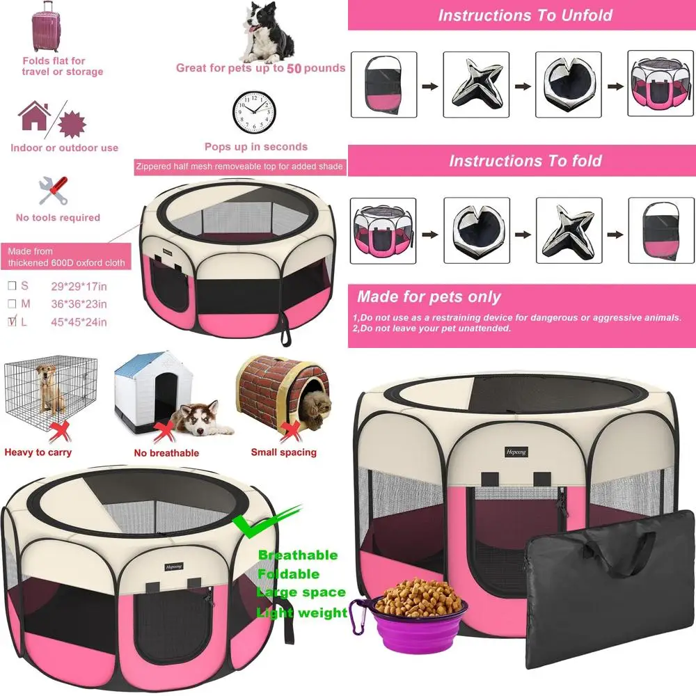 

Складной восьмипанельный манеж для животных с тентом и сумкой для переноски - водонепроницаемый уличный тент для собак и кошек с мисками