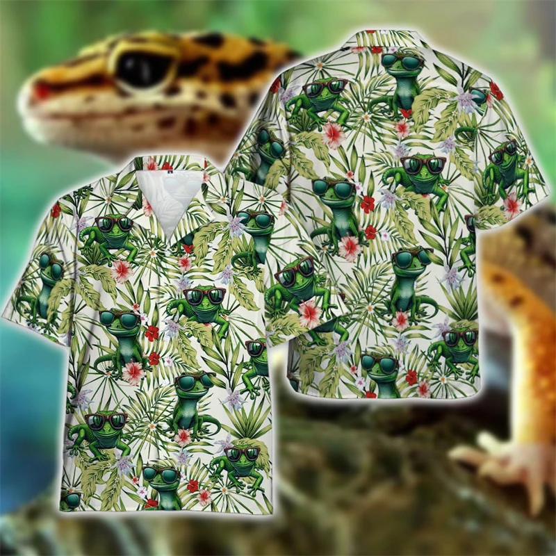 

Cute Gecko Hawaiian Beach Shirt For Men Funny Animal Lizard Lapel Blouse Cabrite Shirts Men Clothes Hip Hop Male Surfing Shirts