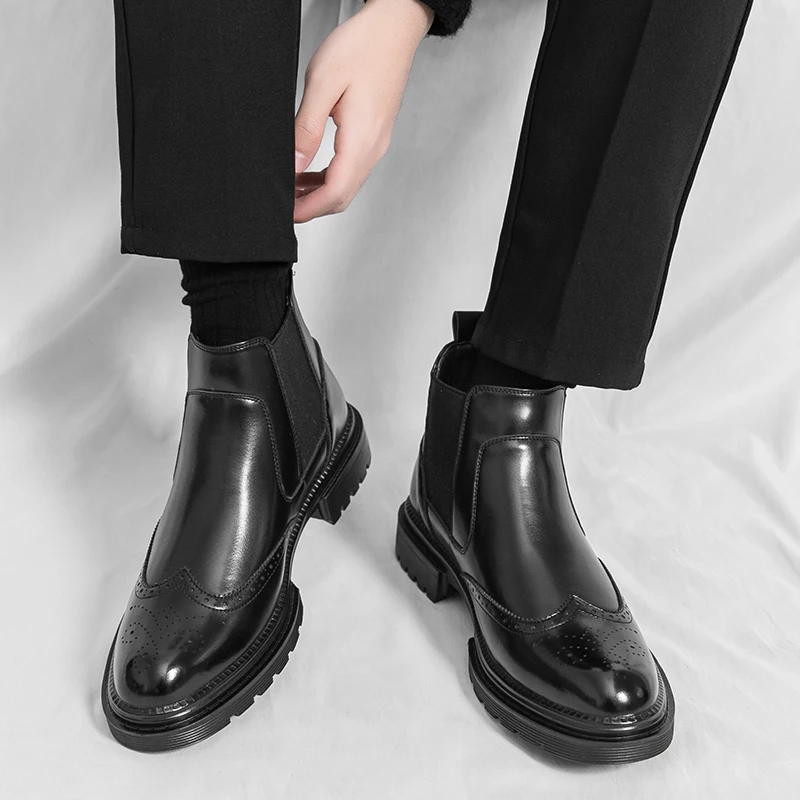 

Качественные удобные деловые офисные ботинки на толстой резиновой подошве, осенне-зимние мужские высокие ботинки челси, мужские повседневные кожаные ботинки