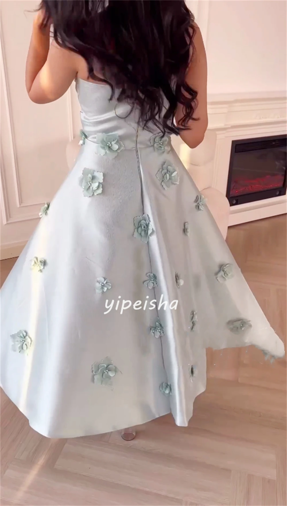 High Quality Satin Flower Beading Ruched A-line Strapless Midi Dresses Celebrity Dresses Sexy Sparkle Sizes Available Intricate