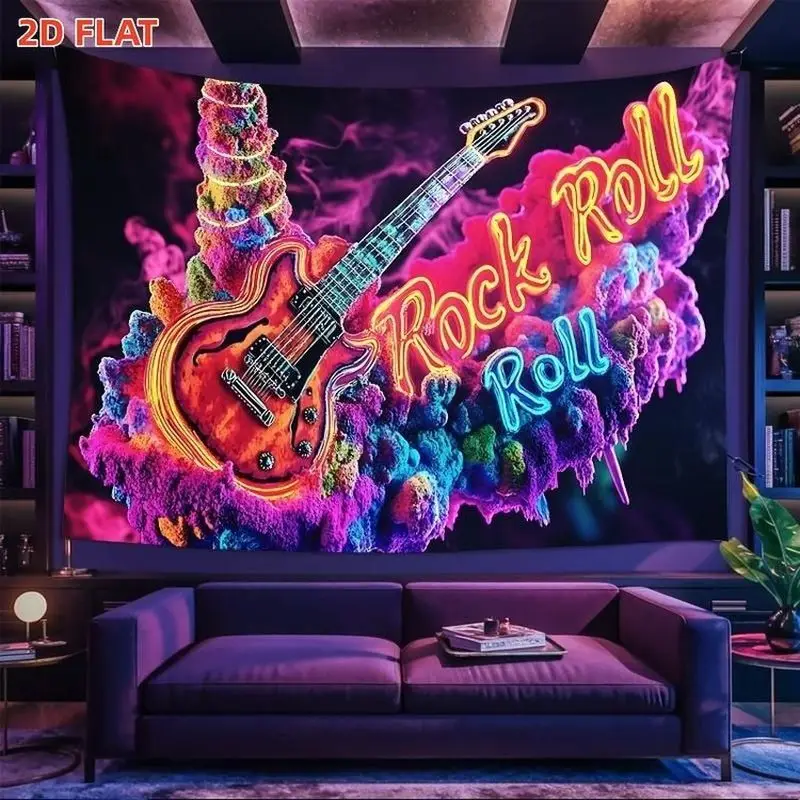 VIKAMA Rock And Roll Guitar Tapestry Psychedelic Cloud Neon Polyester Wall Hanging Aesthetic Bedroom Dorm Living Room Home Decor