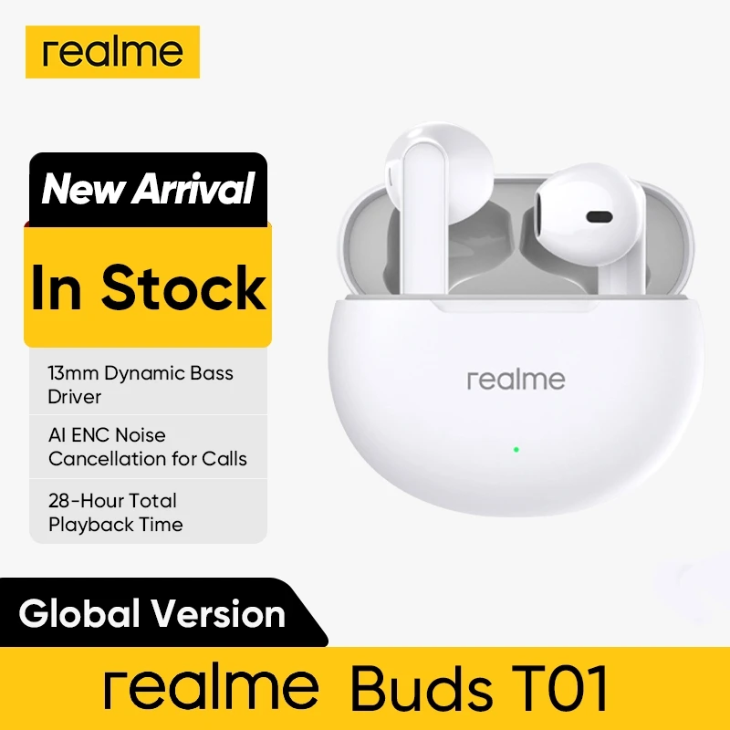 Realme Buds 글로벌 버전 진정한 무선 이어폰, T01 AI 노이즈 캔슬링 TWS 이어폰, 블루투스 5.4, 28 시간 배터리 수명, IPX4