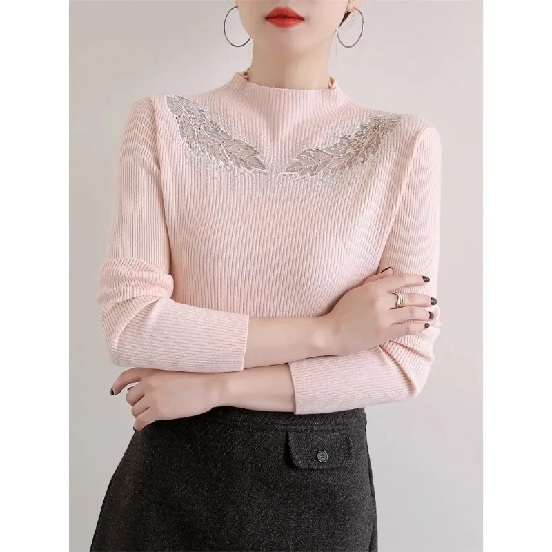 

Новый осенне-зимний трикотаж, женская мода, популярный ромбовидный полый получерепаховый воротник, облегающая рубашка, пуловер, свитер