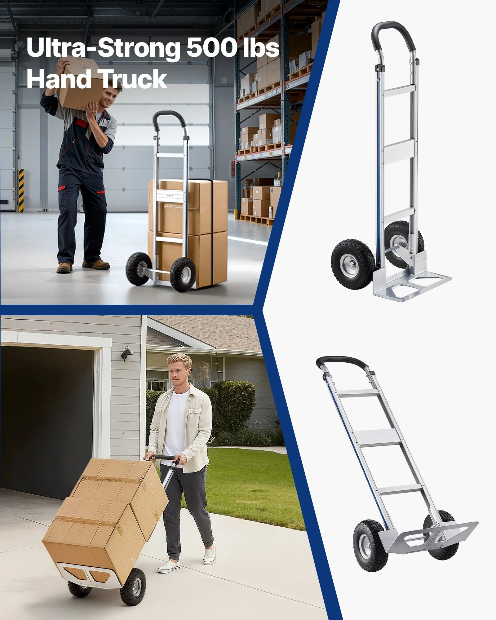 Chariot à main, capacité de charge de 226,9 kg, chariot à main robuste avec roues et poignée antidérapantes, chariot portable en alliage d'aluminium avec sangle de fixation pour le déménagement de la maison, du bureau, de l'entrepôt