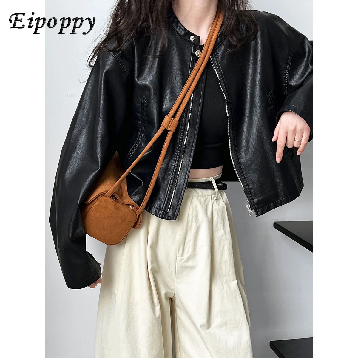 Vintage Zipper O-neck Short Leather Coat Women's Motorcycle Clothing Jacket