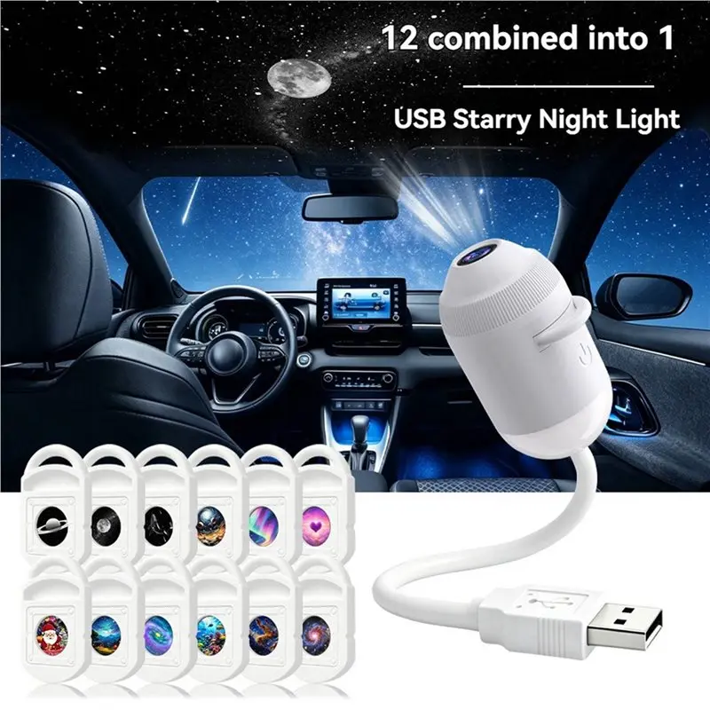 ABRN-2X 12 In 1 USB HD Galaxy Star Projection Lamp Night LED Atmosphere Light Plug & Play Star Projector LED Nightlight Lamp