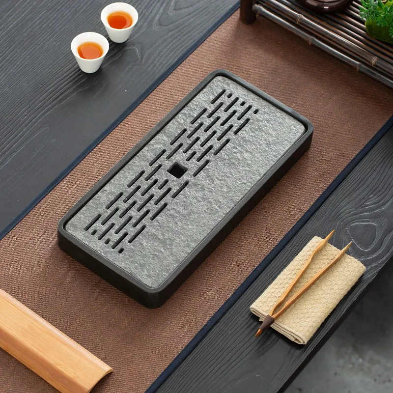 Bandeja de Té Rectangular Vintage de Piedra, Bandeja de Té de Lujo Estilo Kong Fu, Bandeja Multiusos China, Bandeja Decorativa Ovalada de Madera para Ceremonia del Té