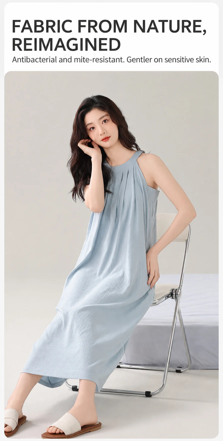 Damen Gepolstertes Ärmelloses Nachthemd mit Eingebautem BH, Herausnehmbaren Polstern, Langes, Weiches Schlafkleid, Sommer-Loungewear, Hauskleid mit Tasche – Detail 9