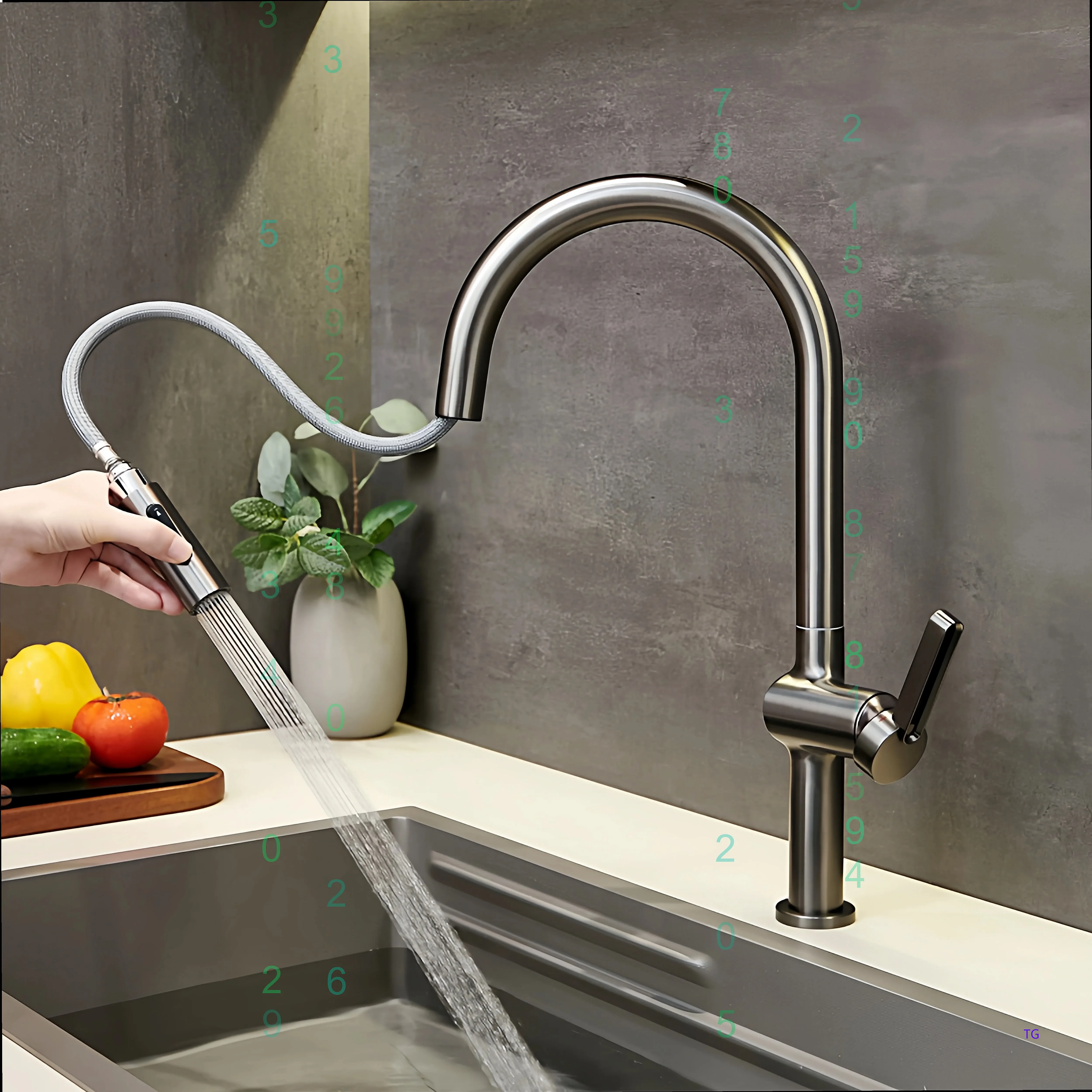 Brushed Nickel Pull Out Kitchen Faucet, Brass Body Hot Cold Swivel 360° for Sink
