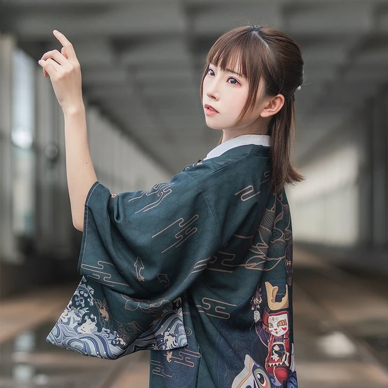 سترة صيفية فضفاضة مطبوعة على شكل زهرة سمك الشبوط اليابانية سترة نسائية كيمونو هاراجوكو تقليدية هاوري كوسبلاي يوكاتا #4