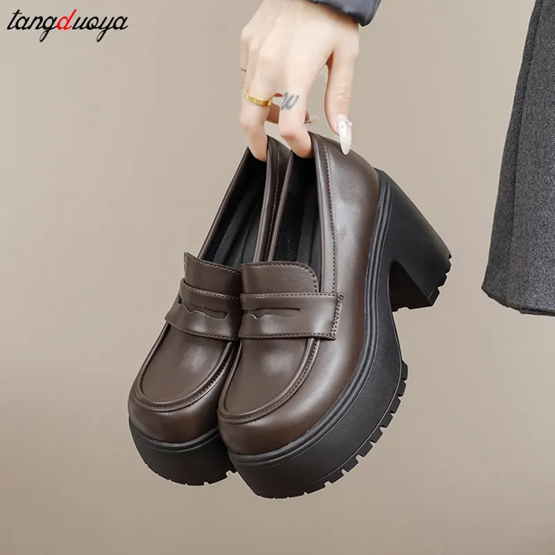 Pu Leather Platform Loafers Woman 2024 Retro British Style Thick Heels Oxfords Shoes Women Slip On College Gothic Lolita Shoes