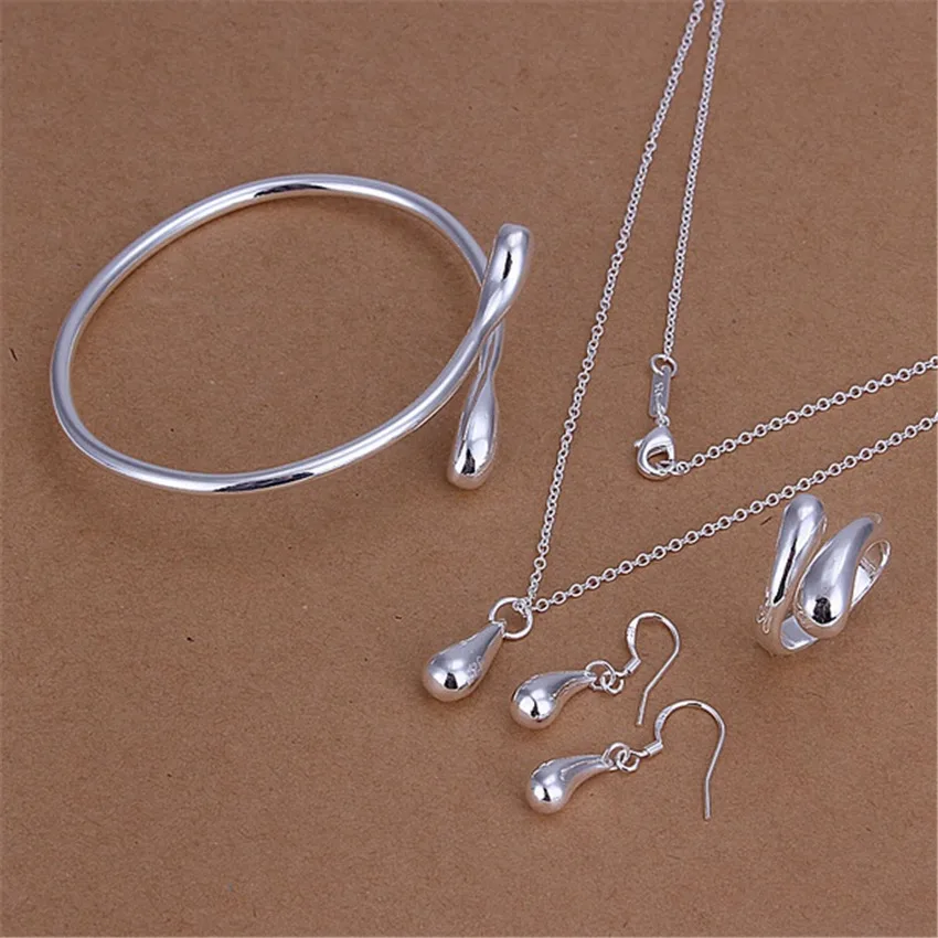 Korean 925 sterling silver fashion charm party jewelry women's teardrop shaped ring bracelet earring necklace set anniversary