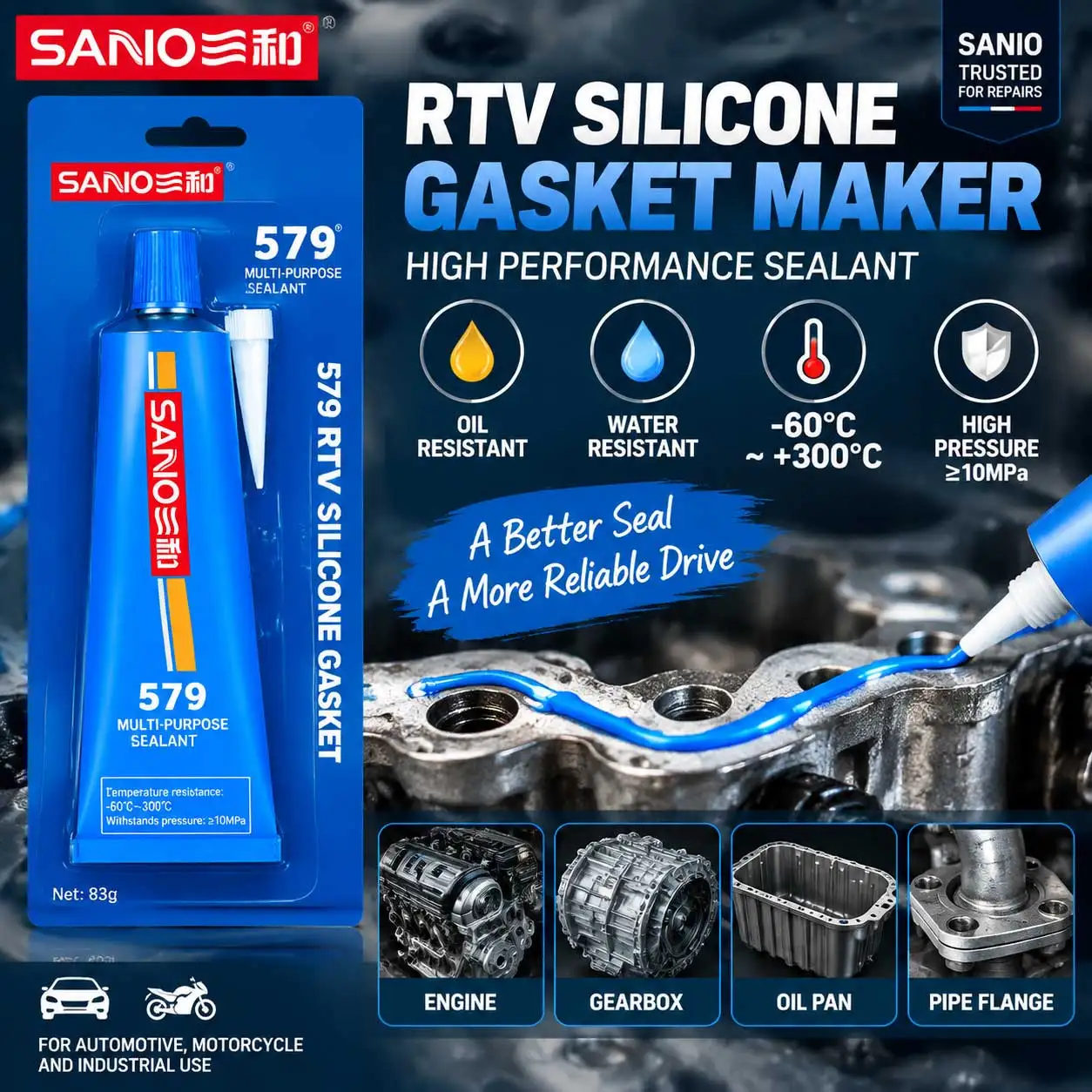 Blue Gasket Sealant High Temperature Safe Neutral RTV Silicone Sealant Non-Corrosive for Bonding Internal Automotive Engines