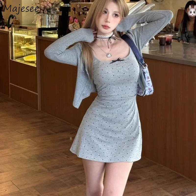 

Women Sets Polka Dot Spaghetti Strap Dress Sweet Spicy Girls Hip-covering Temper Slim Fit Outwear Two-piece Summer Trendy Chic