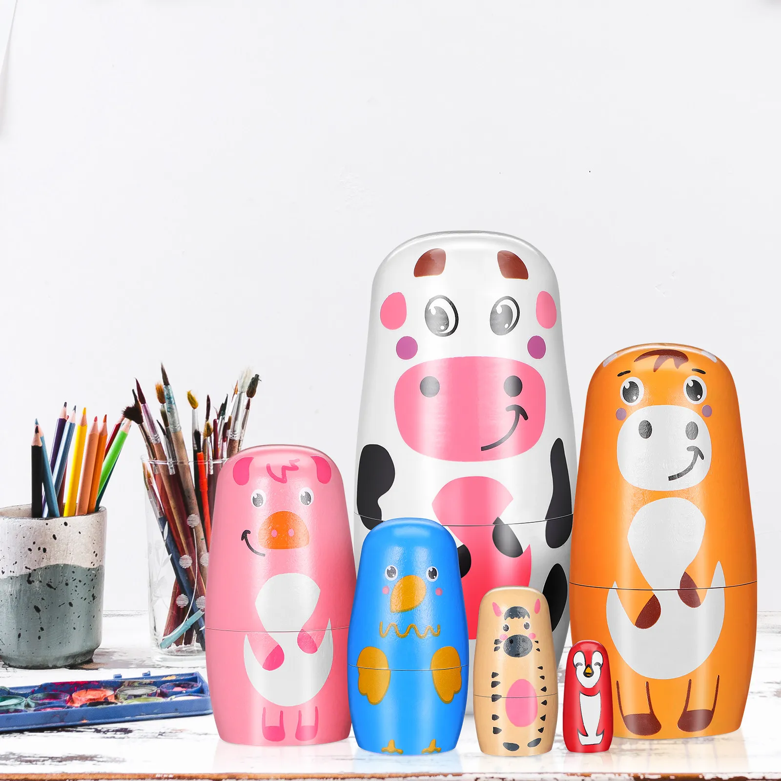 

Набор деревянных матрешек с животными узорами для домашнего декора, развивающие, в русском стиле, для развития мозга