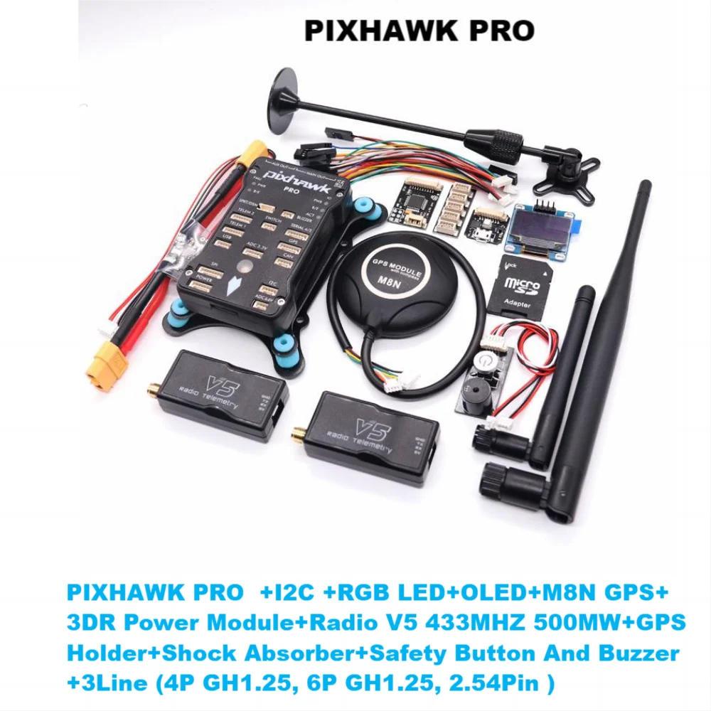 Pixhawk-Contrôleur de vol PIX 32 bits 2.4.8 PRO, avec M8N GPS + 433/915Mhz 100/500mw, télémétrie radio + interrupteur de sécurité + buzzer + RVB + I2C