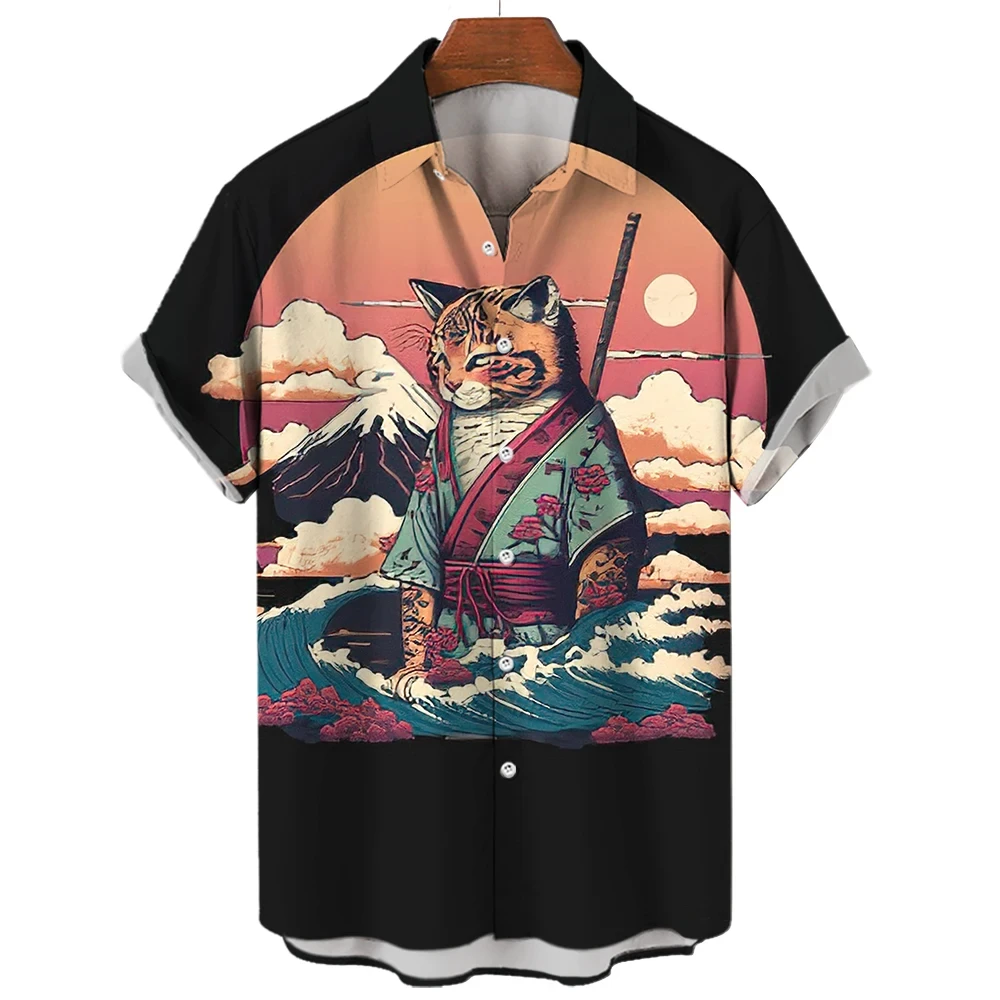 

Samurai Cat Anime Patterns Hawaiian Men Shirt Dazn Short Sleeve shirts 3D Printing Anime Pattern Casual Fashion Male Clothing