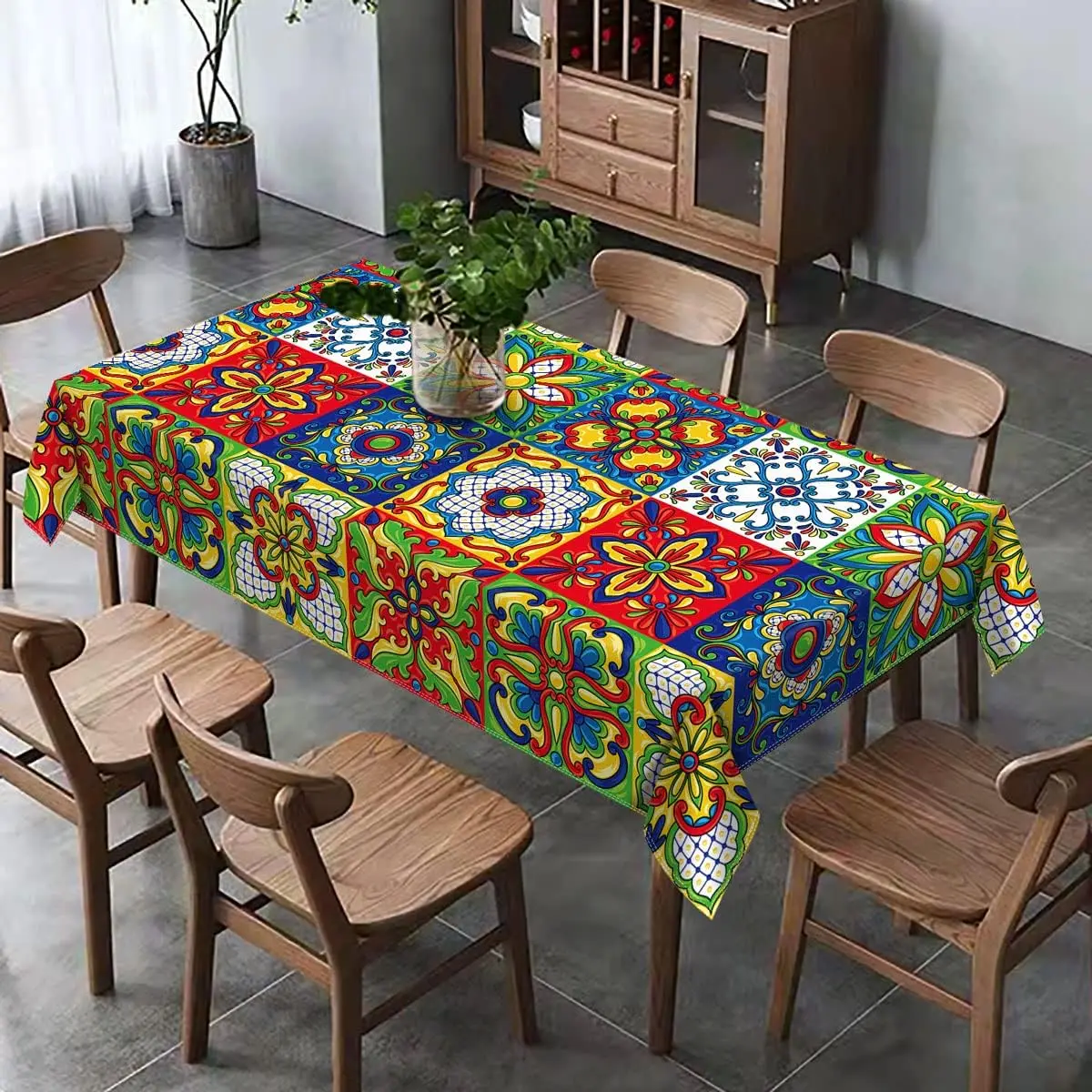 Mexican Talavera Ceramic Tile Rectangle Tablecloth Holiday Party Decorations Reusable Waterproof Tablecloth Kitchen Table Decor