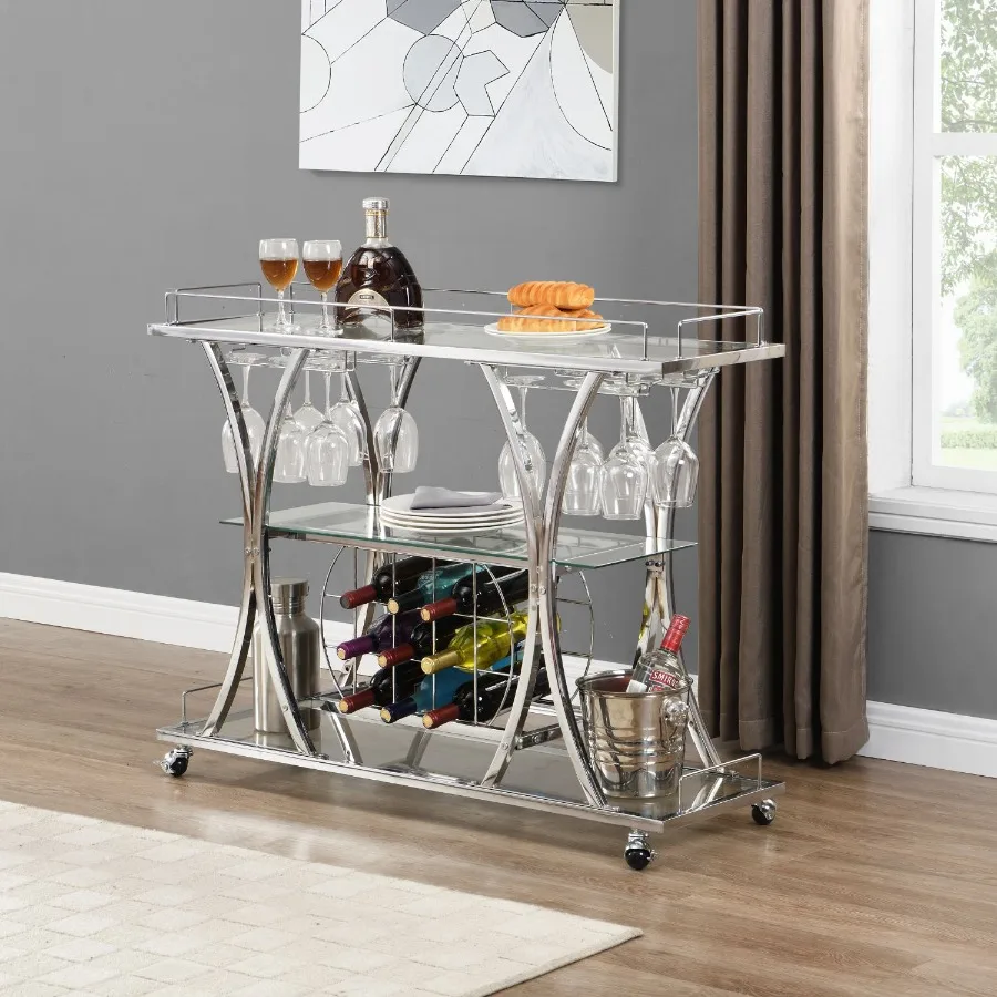 

Contemporary Chrome Bar Cart with Wine Rack Silver Modern Glass Metal Frame Wine Storage