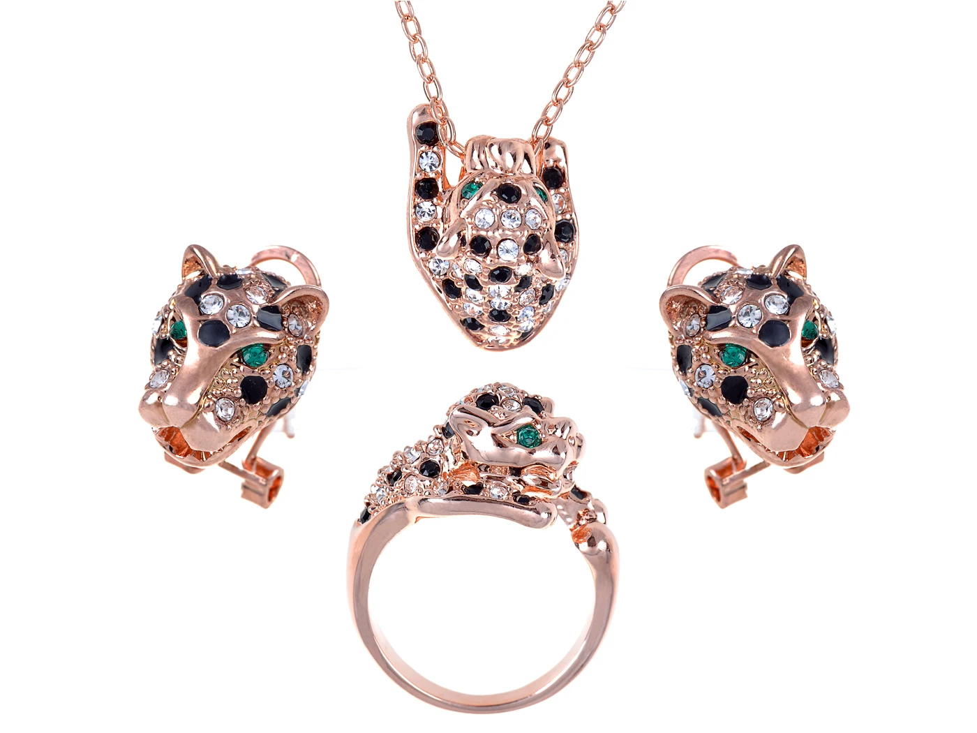 Crystal Rose Gold Emerald Green Eyed Cheetah Pendant Necklace, Earring, Ring Set