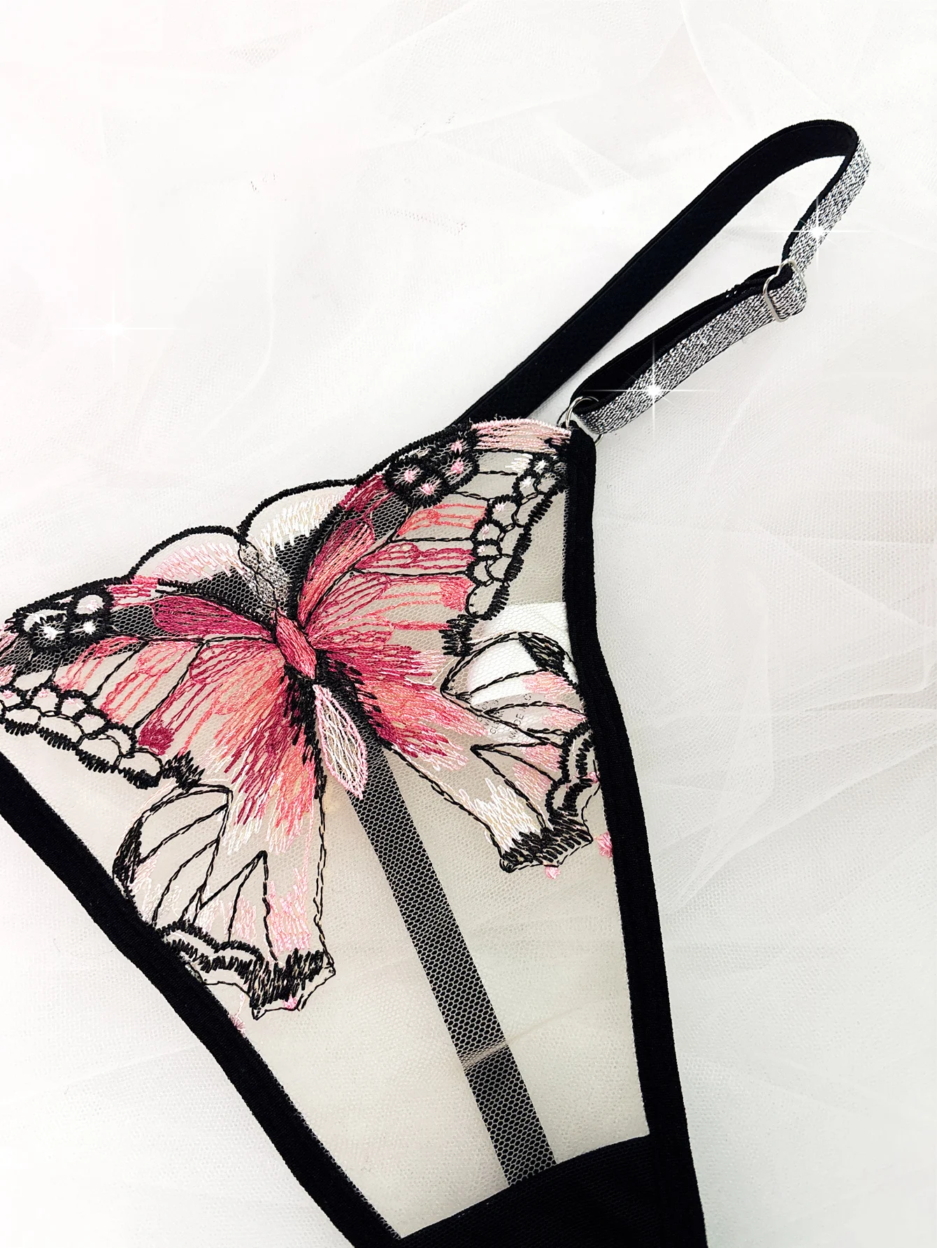 Romance Butterfly Embroidery Bright Silk Ribbon Temptation Black Thong , Women\'s Sexy Lingerie &  Thong