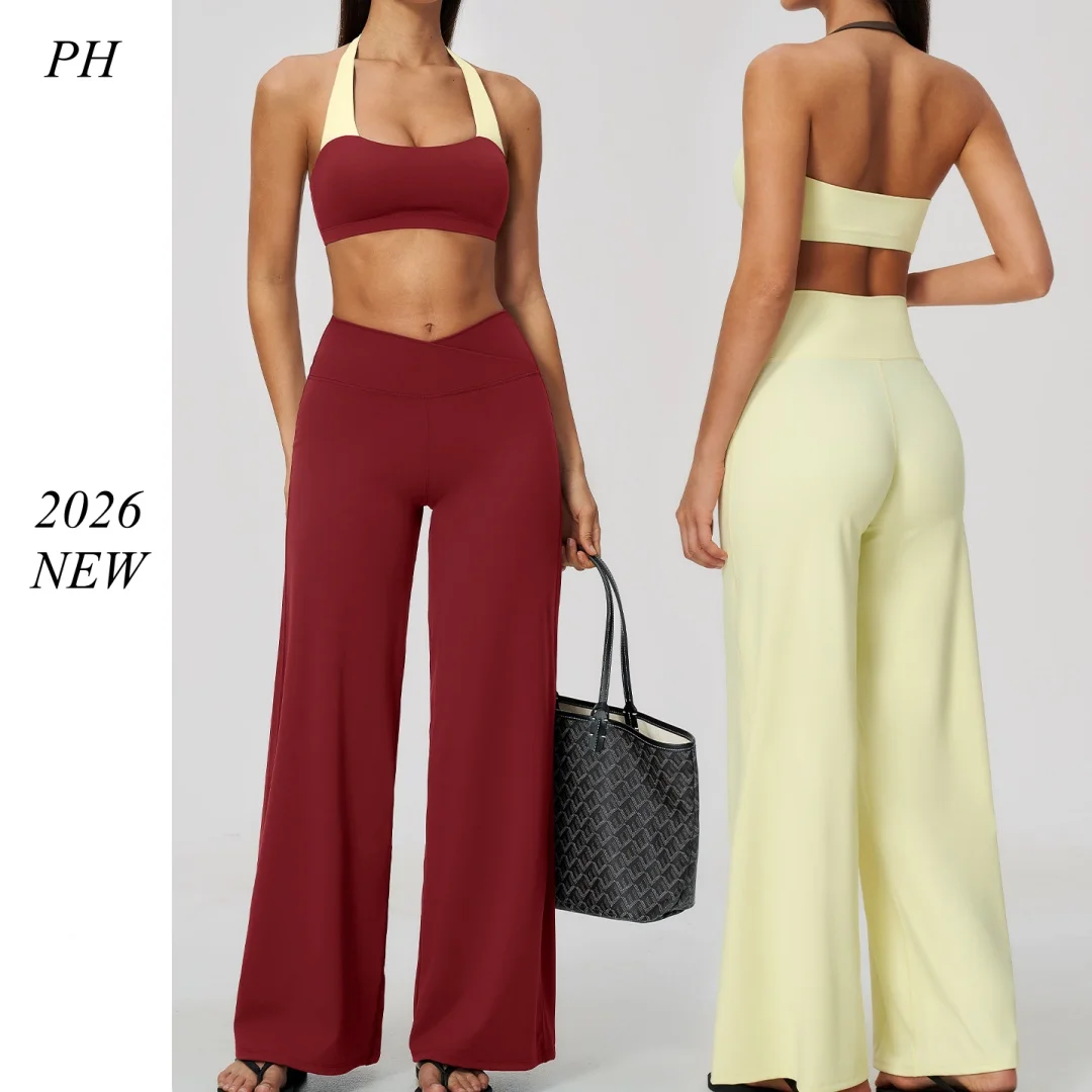 2Pcs Women Sports Tracksuits Blackless Sport Bras Wide-leg Pants Yoga Fitness Sportwear Sets Leisure Workout Clothes