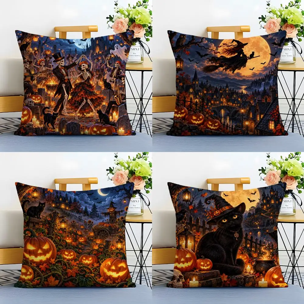 H-Halloween Full Illustration Cushion Cover Linen Minimalist Soft  for Sofa Bed Home Room Decor