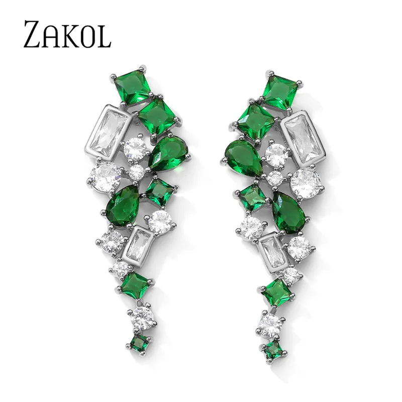 ZAKOL Vintage Green Cubic Zirconia Leaf Drop Earrings for Women Fashion Rectangle Crystal Party Birthday Party Jewelry EP5507