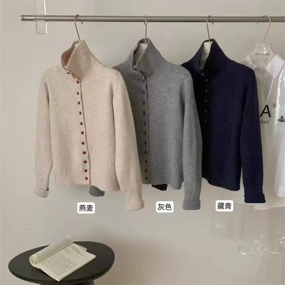 Korean Style High Collar Loose Knitted Sweater Single Button Soft Comfortable Fashion Design Women's Cardigan Sweater Clothes