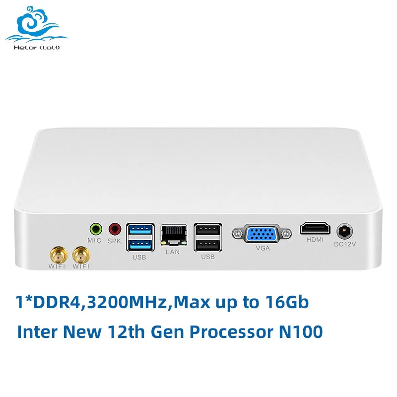 Helor Cloud Office Mini PC with Inter 12Gen N100 16Gb DDR4 3200MHz Support WIN10/11 LINUX WIFI Firewall 1*Gigabit LAN Desktop Co