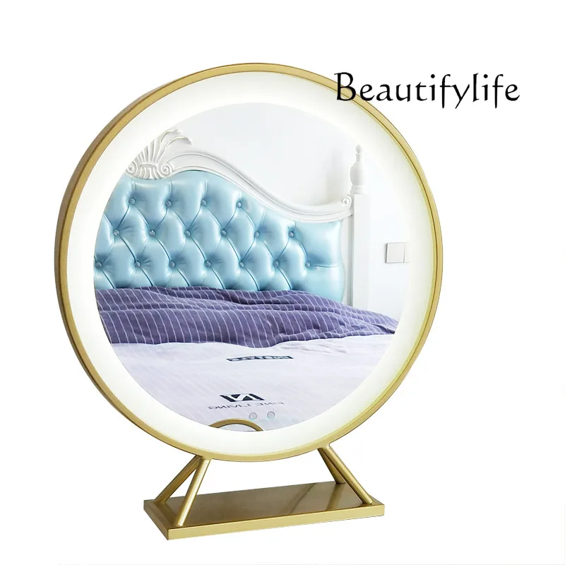 European-style bedroom cosmetic mirror household desktop circular mirror with lamp touch screen luminous cosmetic mirror