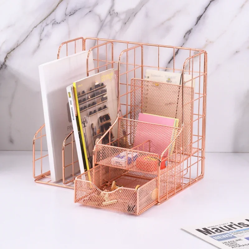 

Multifunctional Rose Gold Magazine Holder 6 Different Compartments Documents Storage Holder File Organizer Book Holder