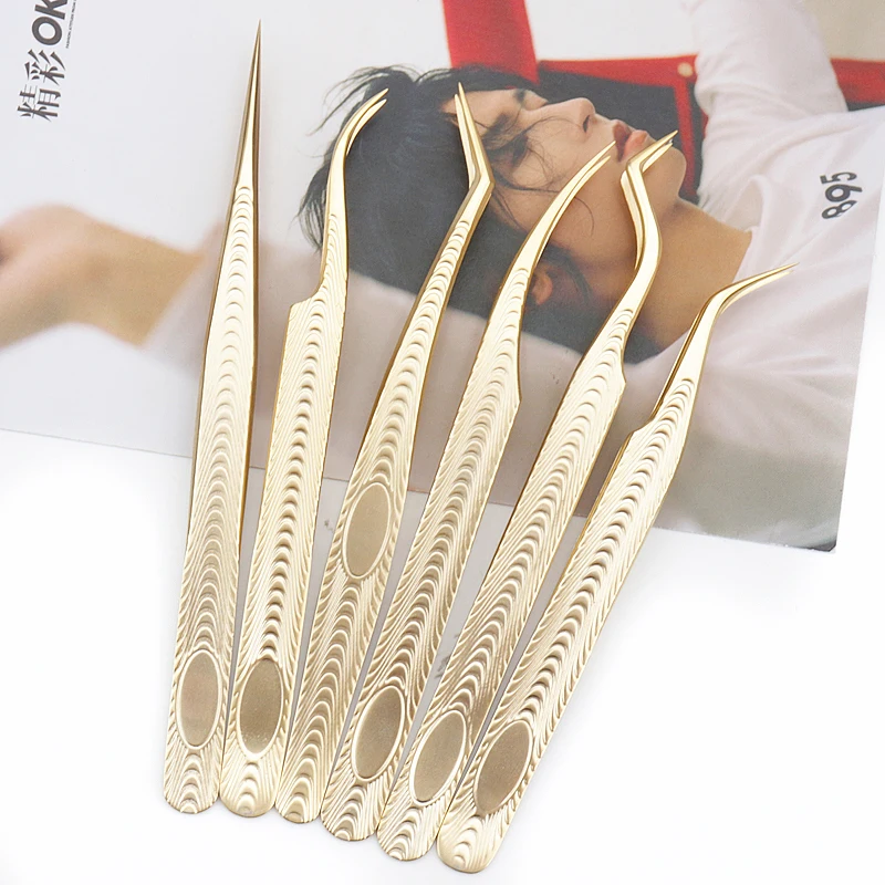 1 Stück Edelstahl Wimpern pinzette Augenbrauen clip Gold Dekor anti statische Wimpern Pinzette Wimpern verlängerung liefert Make-up-Tool – Detail 8