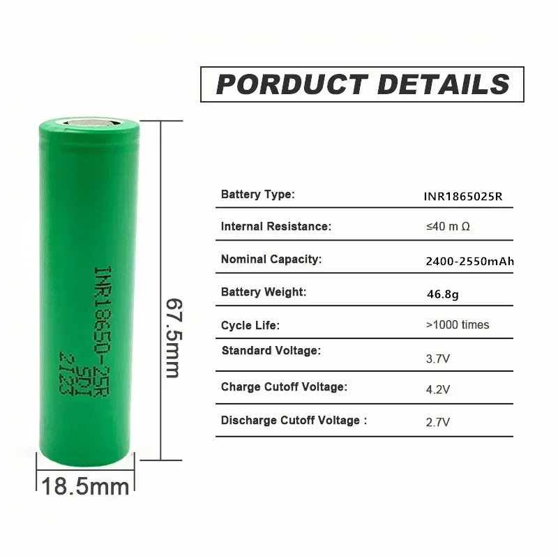 2024 NEW Original Rechargeable Battery 3.6V 2500mah INR18650 Battery 25R 20A Lithium Battery Screwdriver Flashlight