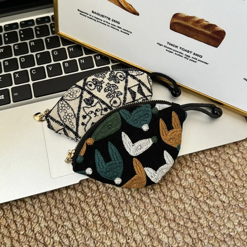 New Embroidered Mini Coin Purse Cotton Small Keychain Pendant Pouch Zipper Car Key Bag