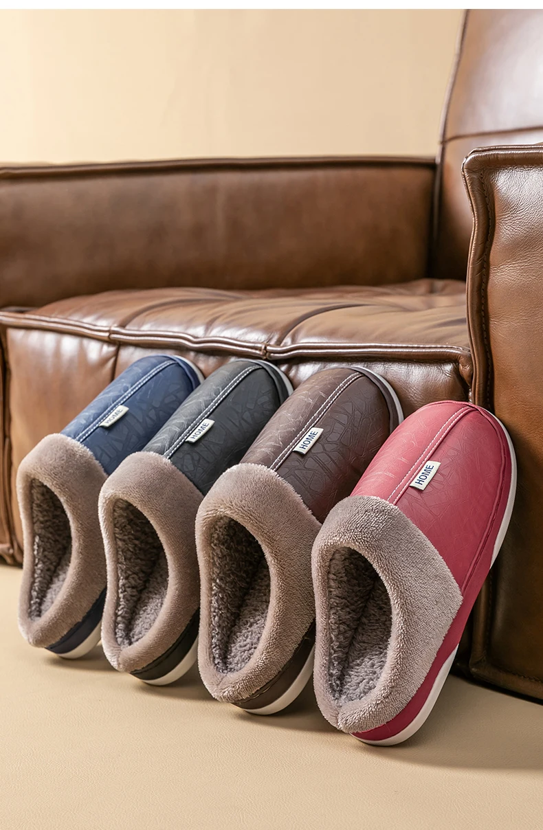 Herren Winter PU-Leder Wasserdichte Geschlossene Warme Hausschuhe, Slip-On mit Dickem Plüschfutter, Rutschfeste Weiche Sohle, Gemütliche Hausschuhe – Detail 16