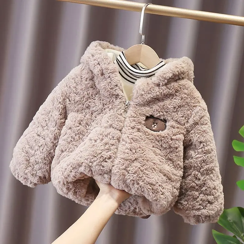 Winter Baby Girls Boys Cartoon Bear Warm Jacket Hooded Outerwear Children Thick Fleece Coat Cashmere Padded Jackets for Kids