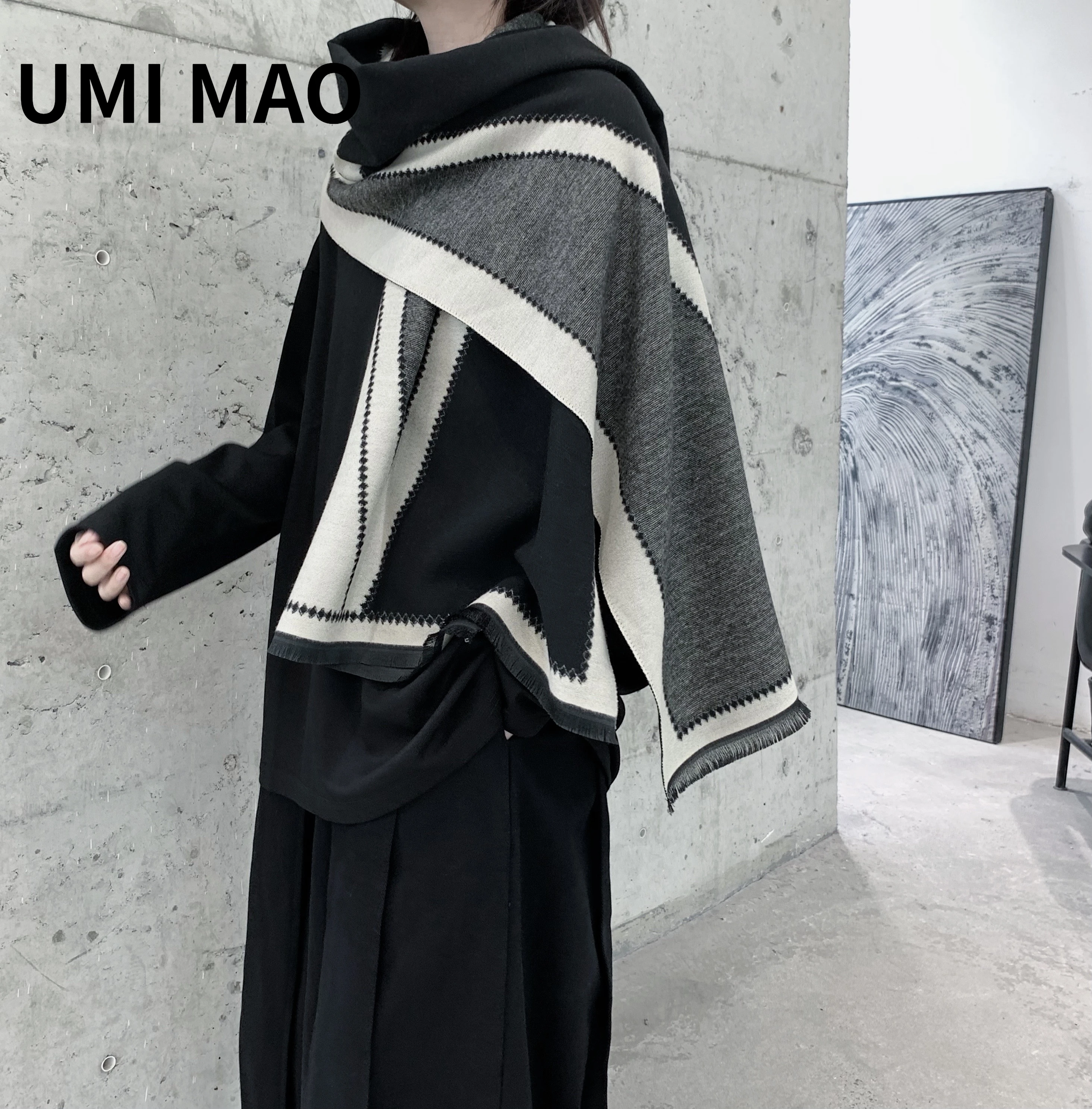 UMI MAO Yamamoto Dark Niche Model Faux Cashmere Reversible Shawl Collision Color Stitching Thick Warm Scarf Men Women Y2K